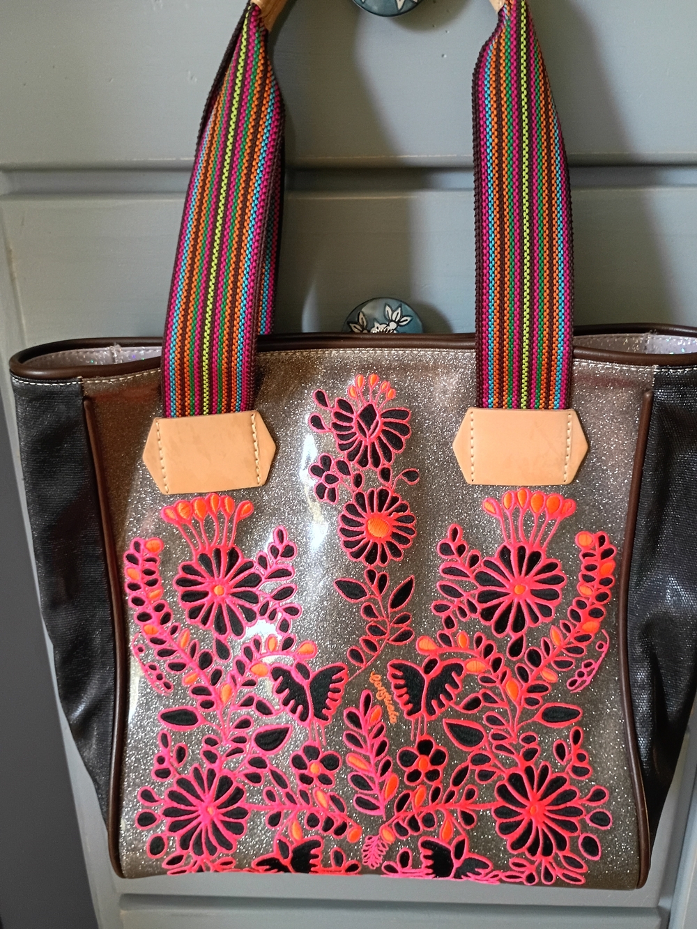 Consuela Neon Pink Floral Applique Glitter Tote with Multicolor Straps